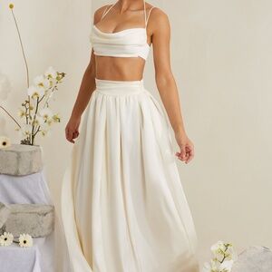 Oh Polly Pleated Heavy Satin Maxi Skirt in White 8